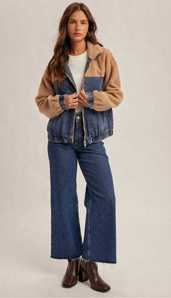 Teddy With Denim Zip Up Jacket- Dk. Denim