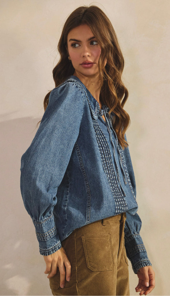Jen Vintage Washed Denim Collar Top- Denim Blue