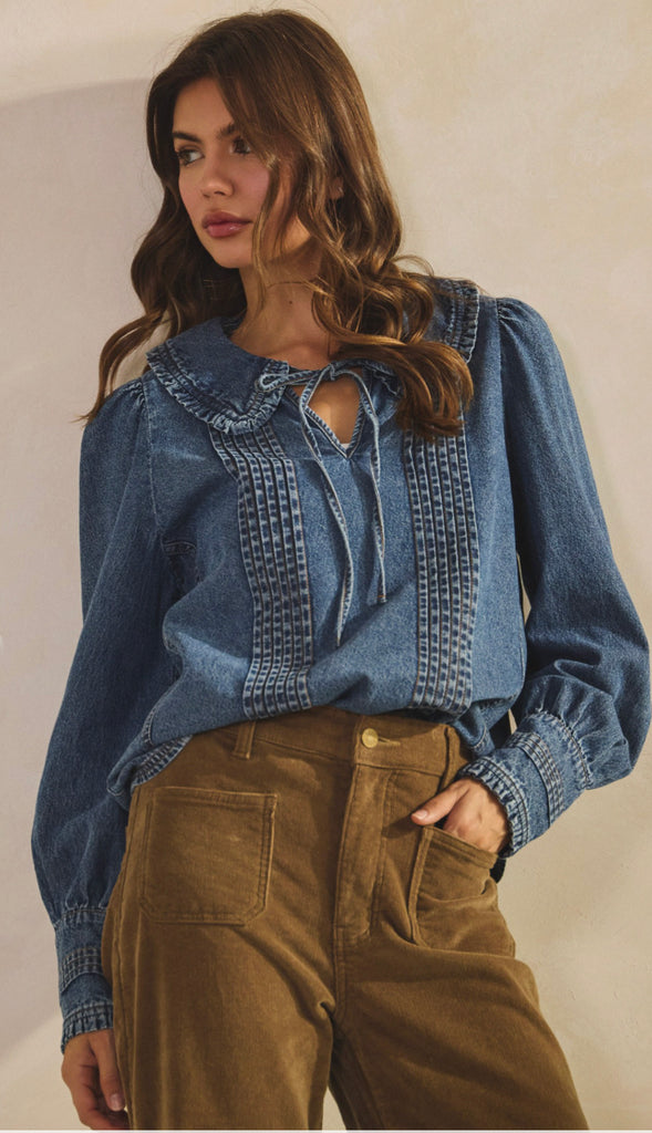 Jen Vintage Washed Denim Collar Top- Denim Blue
