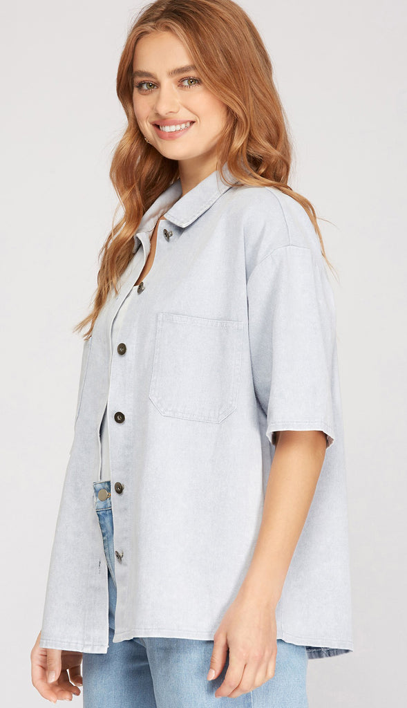 Hattie Oversized Half Sleeve Washed Denim Shirt- Lt Blue