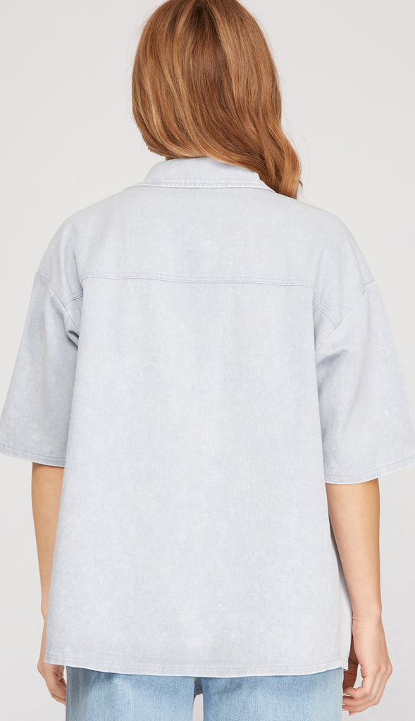 Hattie Oversized Half Sleeve Washed Denim Shirt- Lt Blue