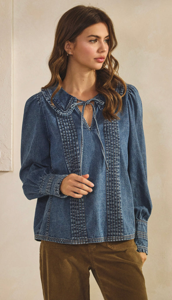 Jen Vintage Washed Denim Collar Top- Denim Blue