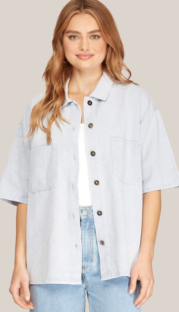 Hattie Oversized Half Sleeve Washed Denim Shirt- Lt Blue