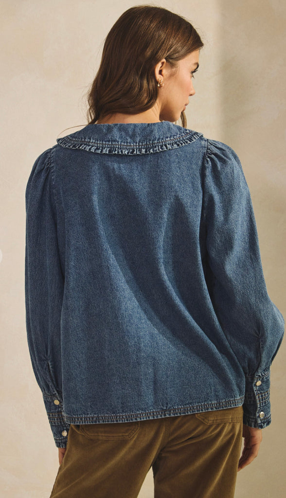 Jen Vintage Washed Denim Collar Top- Denim Blue