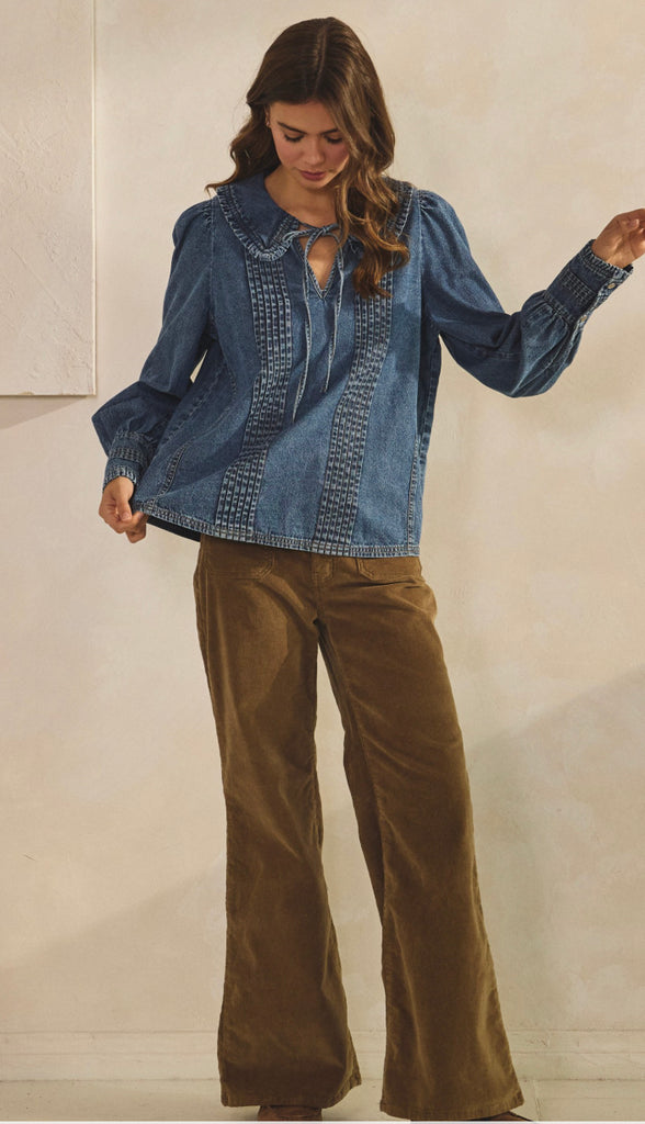 Jen Vintage Washed Denim Collar Top- Denim Blue