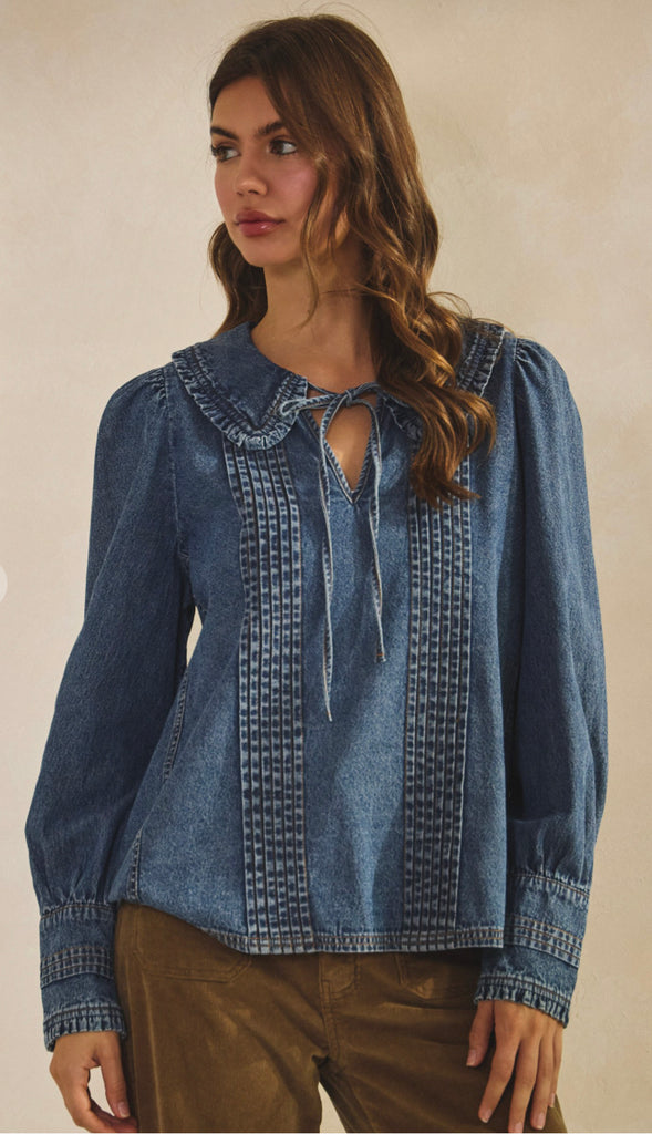 Jen Vintage Washed Denim Collar Top- Denim Blue