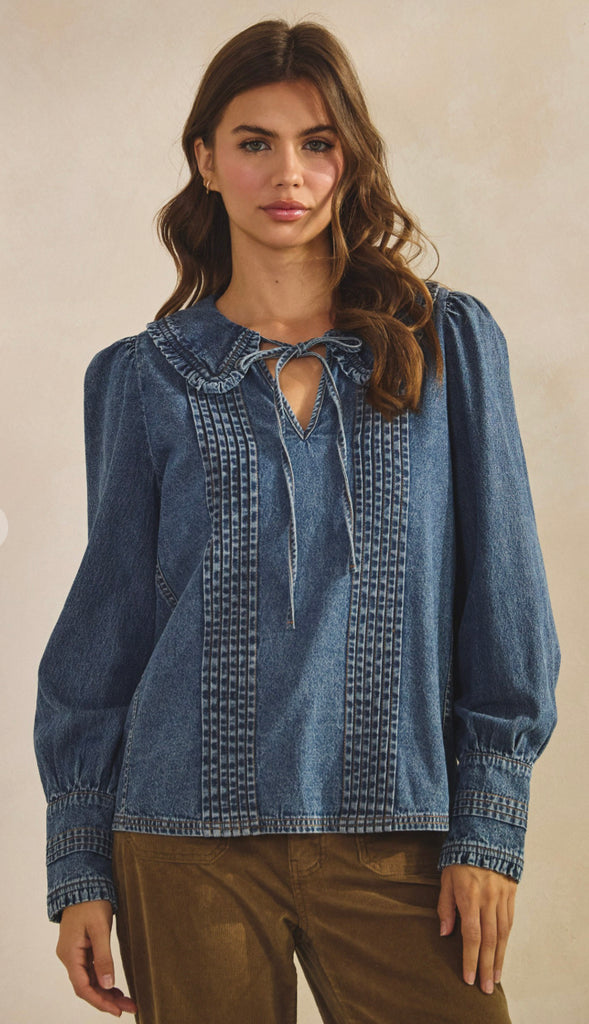 Jen Vintage Washed Denim Collar Top- Denim Blue