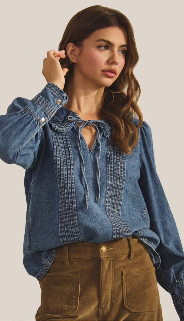 Jen Vintage Washed Denim Collar Top- Denim Blue