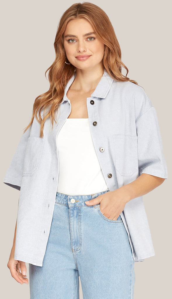 Hattie Oversized Half Sleeve Washed Denim Shirt- Lt Blue