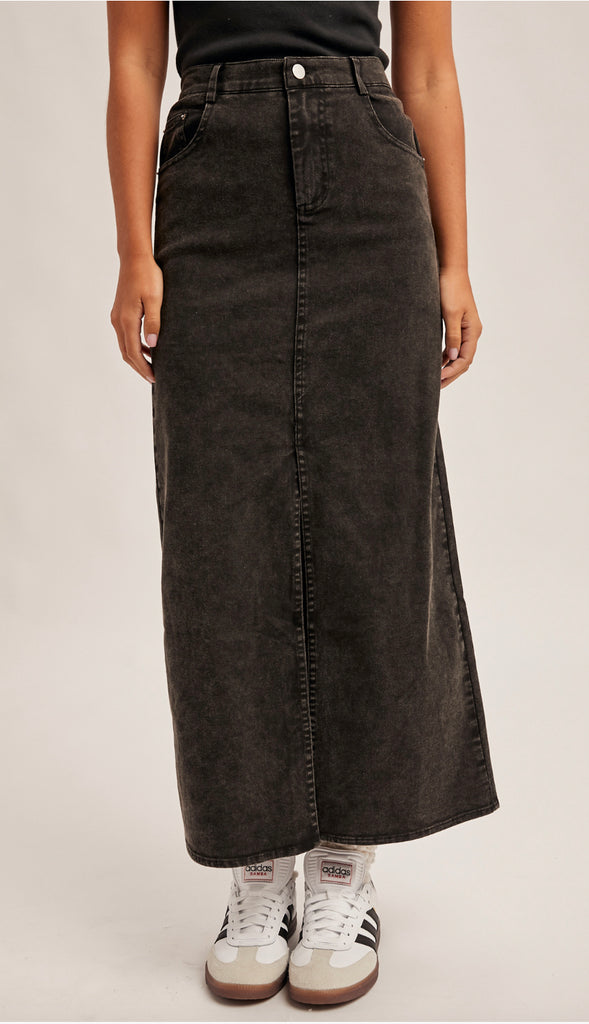 Kramer Elastic Waist Twill Maxi Skirt- Black