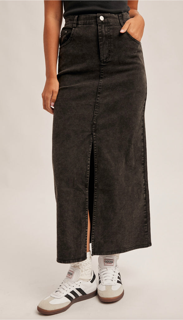 Kramer Elastic Waist Twill Maxi Skirt- Black