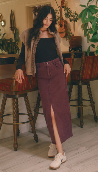 Kramer Elastic Waist Twill Maxi Skirt- Plum