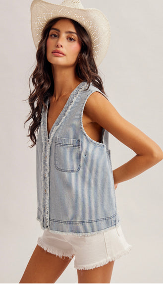 Riley Button Front Sleeveless Denim Shirt- Lt. Denim