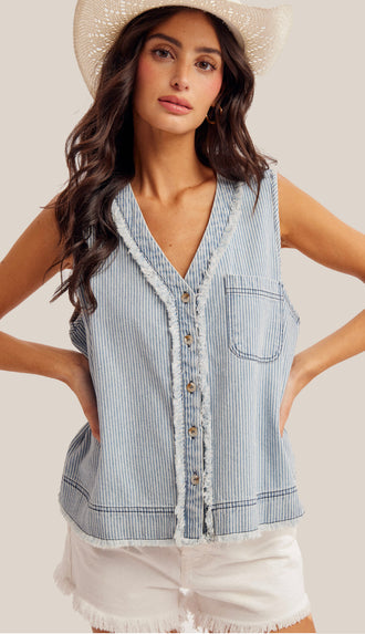 Riley Button Front Sleeveless Denim Shirt- Lt. Denim