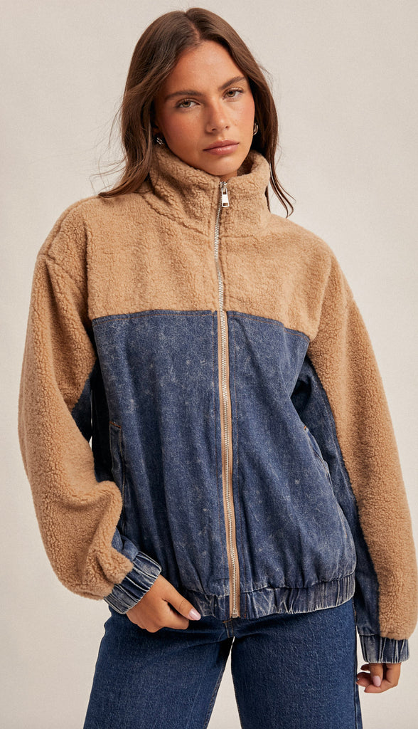 Teddy With Denim Zip Up Jacket- Dk. Denim