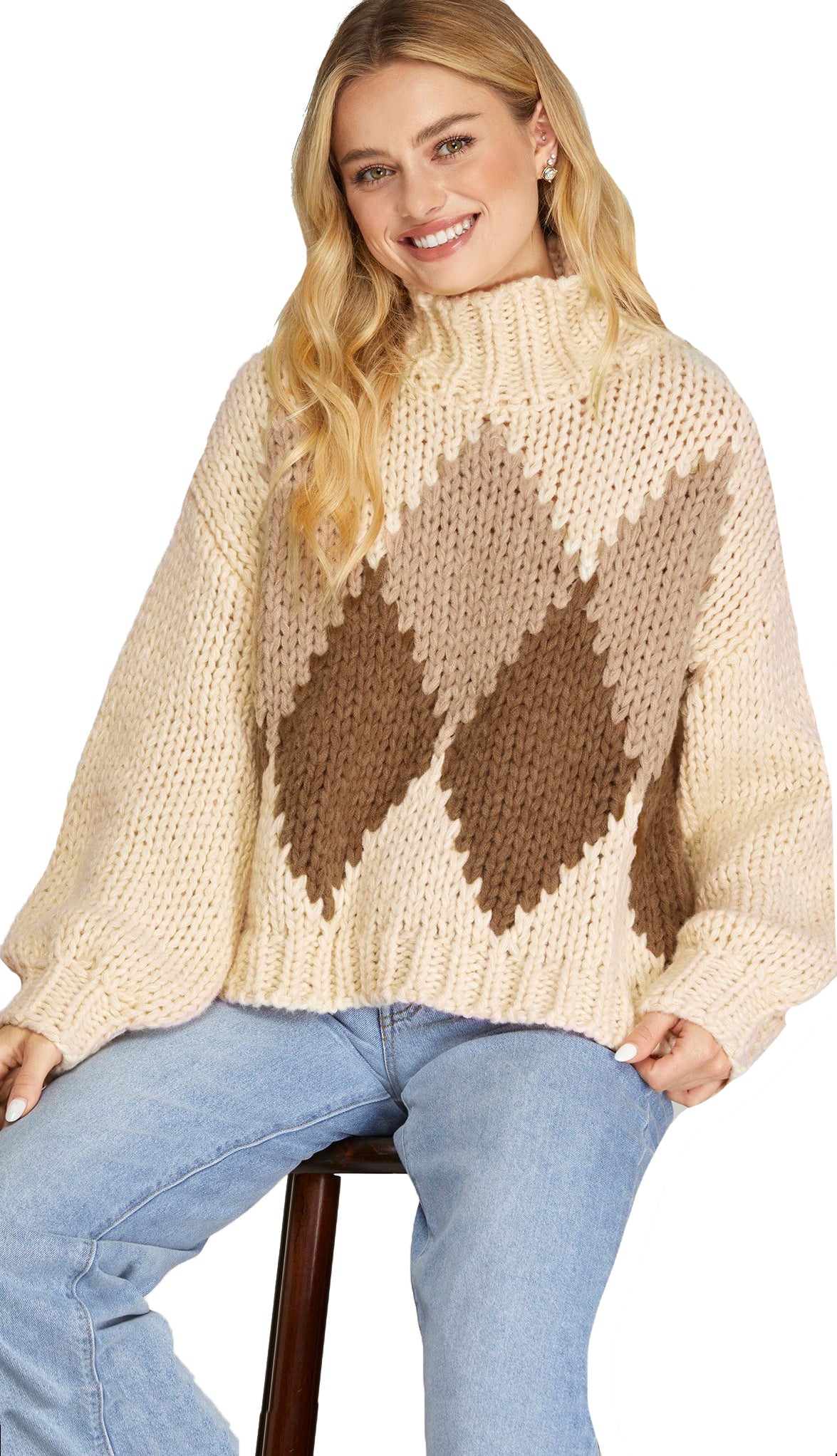 Lainee Color Block Diamond Sweater- Cream/Brown