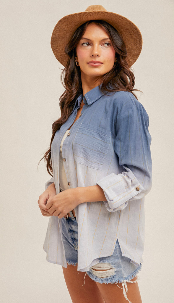 Dip Dye Button Down Shirt- Denim Blue