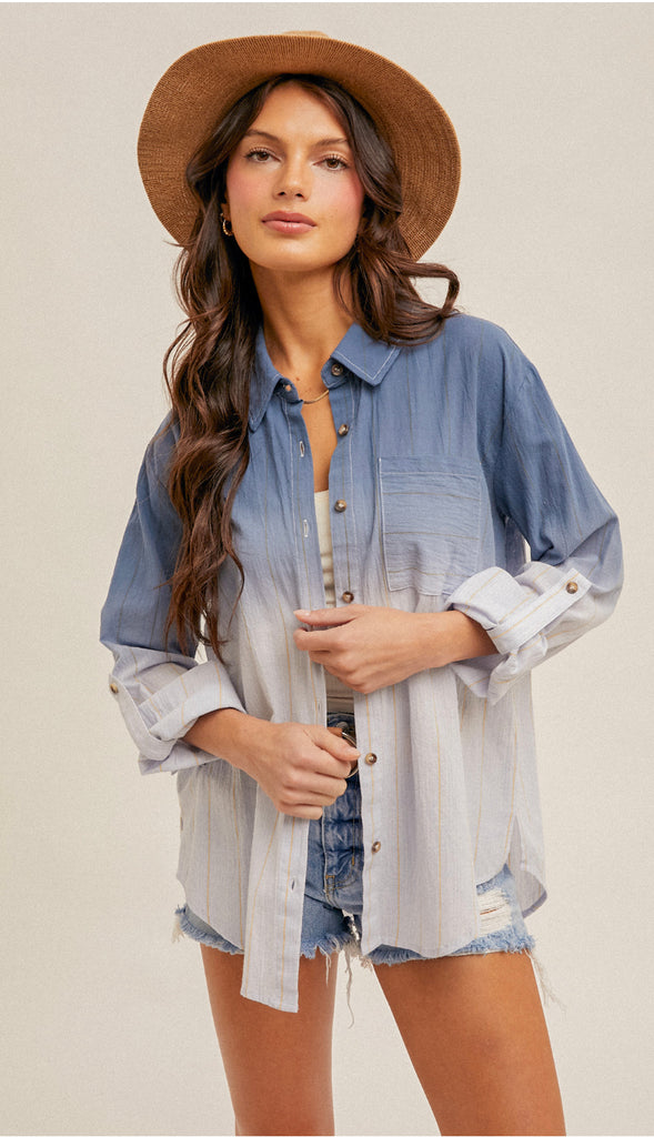 Dip Dye Button Down Shirt- Denim Blue