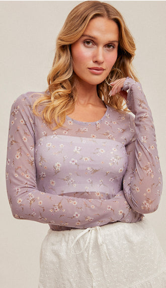 Spring On Floral Mesh Top- Lavender