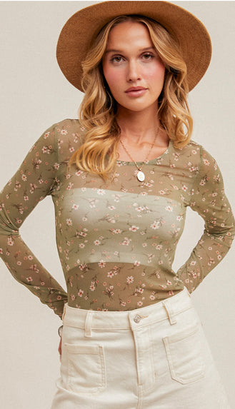 Spring On Floral Mesh Top- Olive