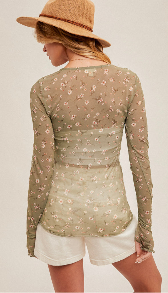 Spring On Floral Mesh Top- Olive