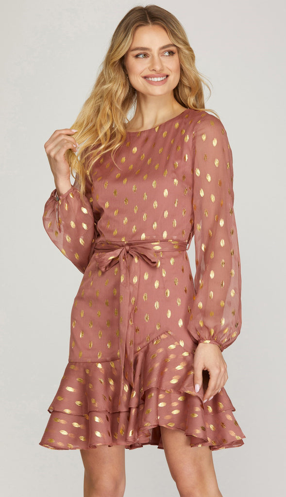 Gold Dot Chiffon Dress - Dusty Rose