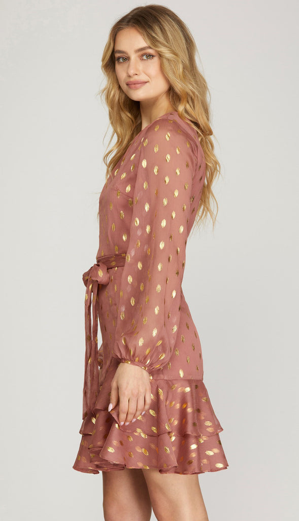 Gold Dot Chiffon Dress - Lt. Mocha