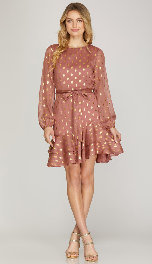 Gold Dot Chiffon Dress - Lt. Mocha
