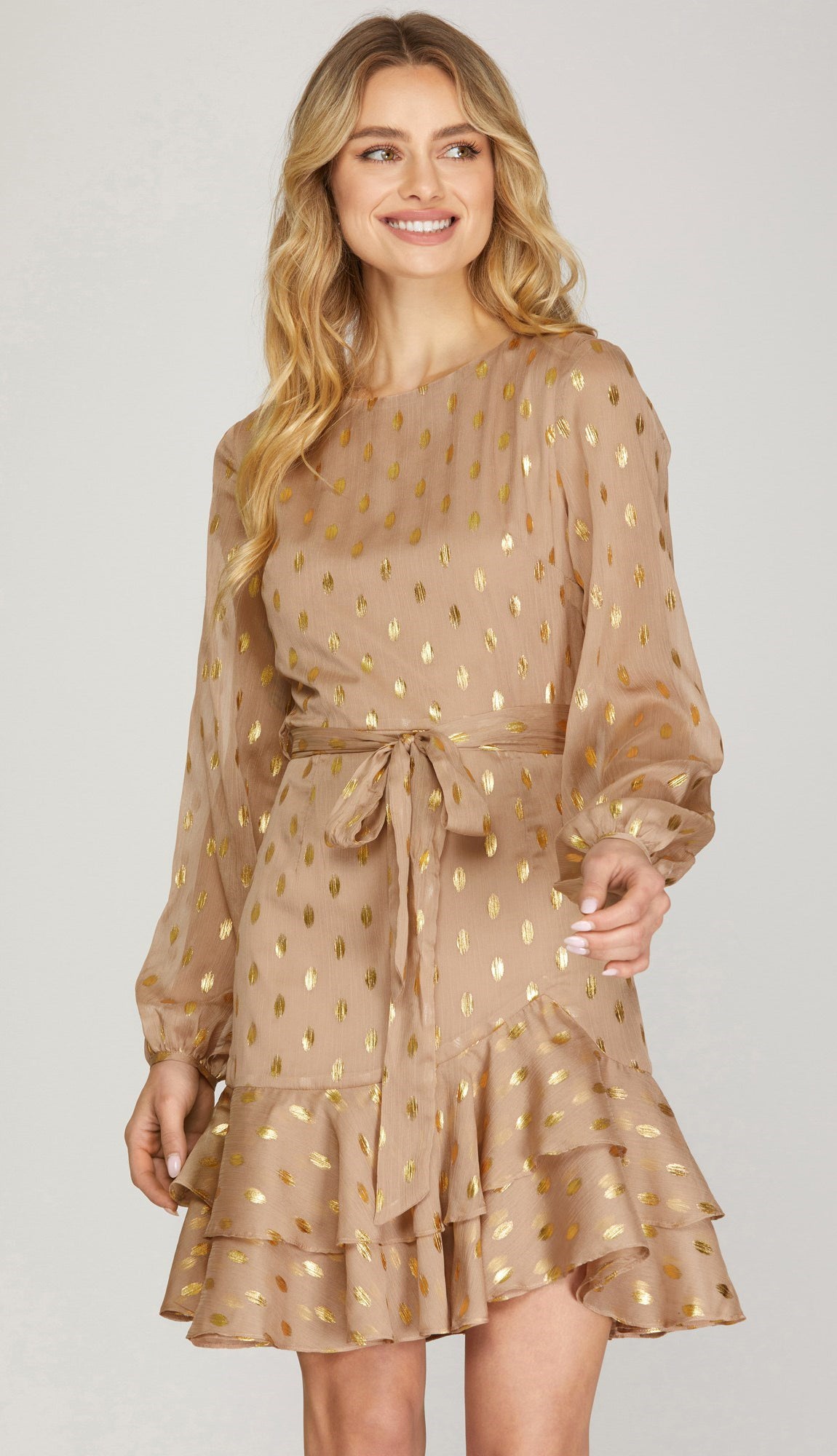 Gold Dot Chiffon Dress - Lt. Mocha Gold Dot Chiffon Dress - Lt. Mocha
