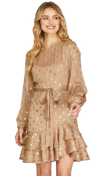 Gold Dot Chiffon Dress - Lt. Mocha