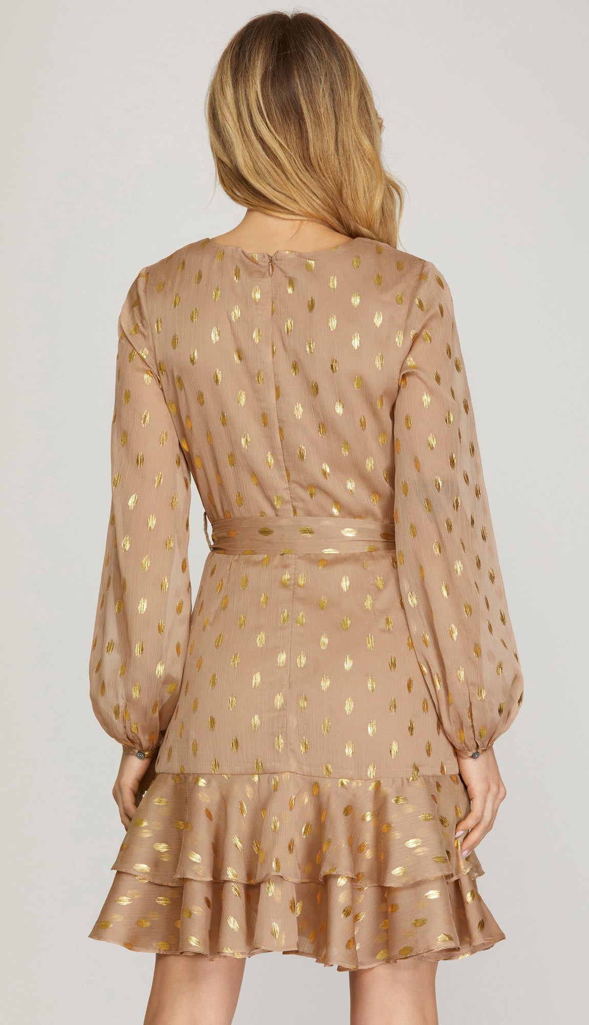 Gold Dot Chiffon Dress - Lt. Mocha Gold Dot Chiffon Dress - Lt. Mocha