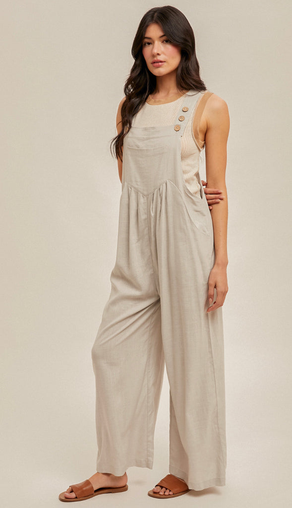 Colby Wide Leg Linen Overall- Dove Grey