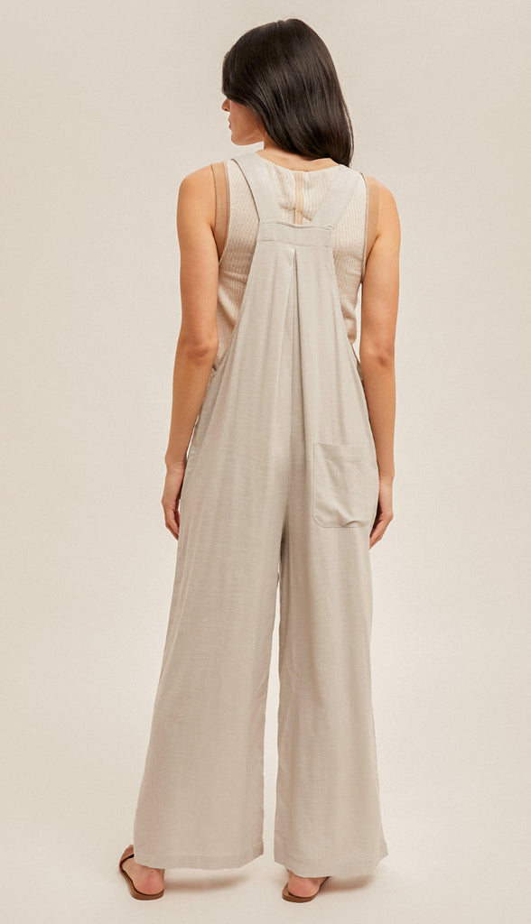 Colby Wide Leg Linen Overall- Dove Grey