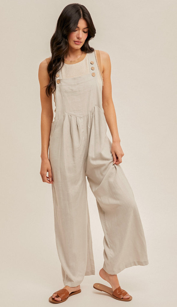 Colby Wide Leg Linen Overall- Dove Grey