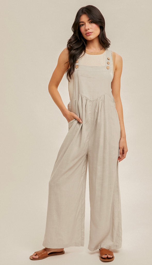 Colby Wide Leg Linen Overall- Dove Grey