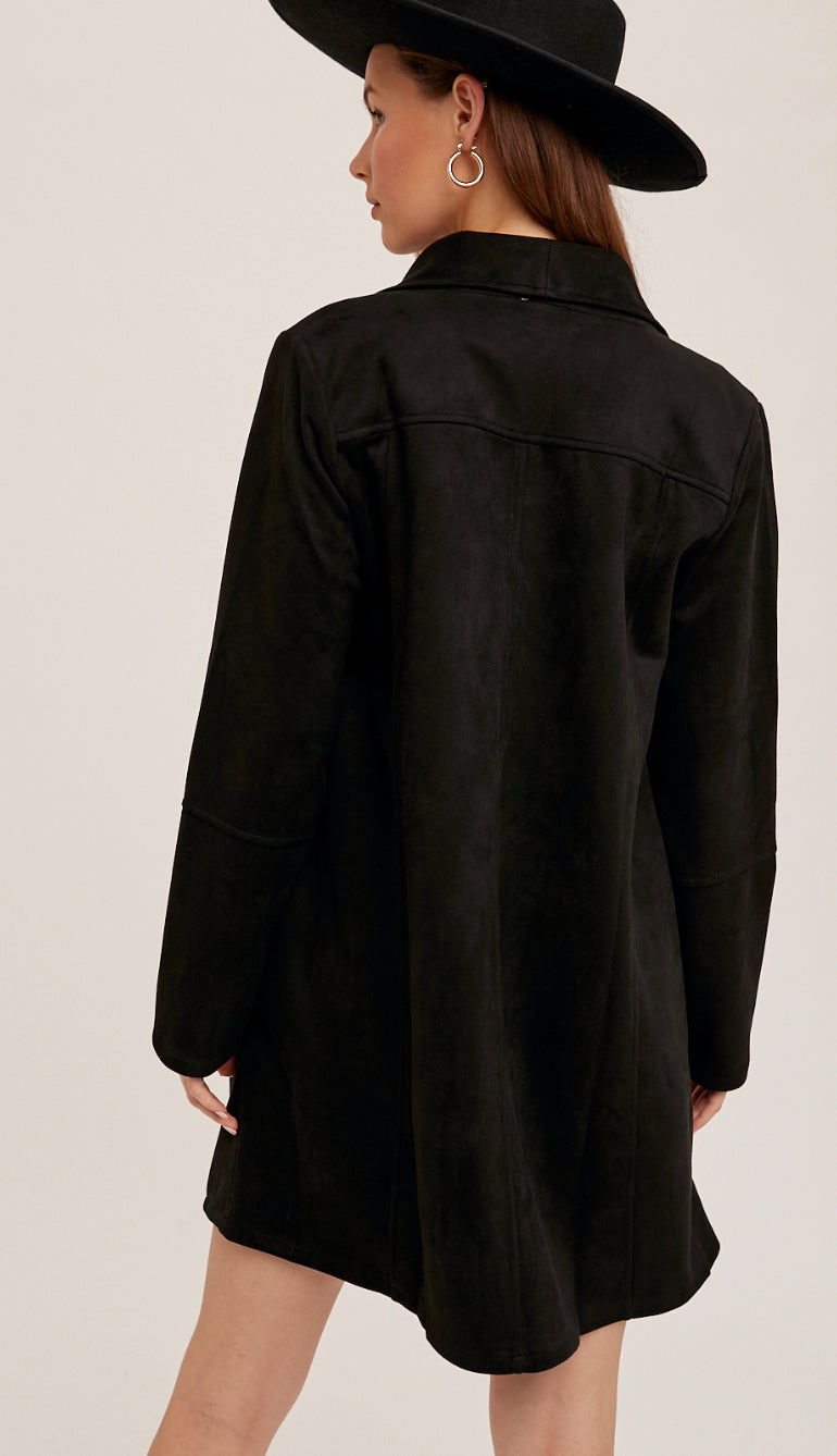 Closet Staple Drape Front Suede Coat- Black