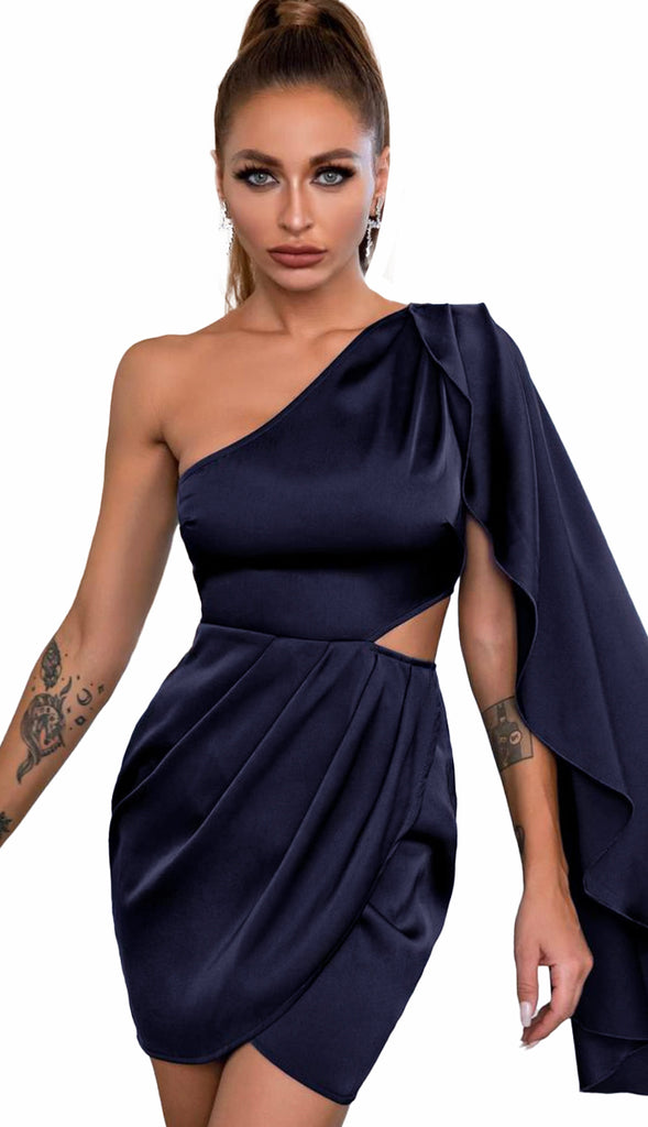 Hewing One Satin Drape Cut Out Dress- Navy Blue
