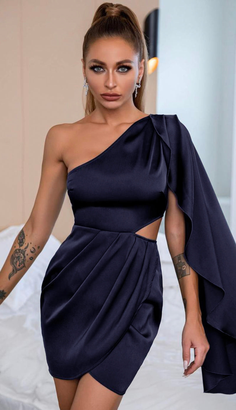 Hewing One Satin Drape Cut Out Dress- Navy Blue Hewing One Satin Drape Cut Out Dress- Navy Blue