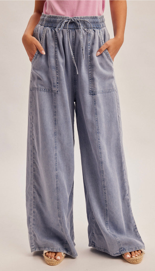 Drawstring Waistband Easy Fit Denim Pants- Washed Denim