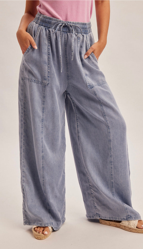 Drawstring Waistband Easy Fit Denim Pants- Washed Denim