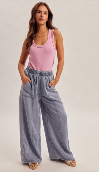 Drawstring Waistband Easy Fit Denim Pants- Washed Denim