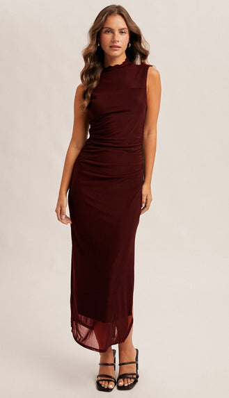 Romantics Mock Neck Ruched Mesh Midi Dress- Wine