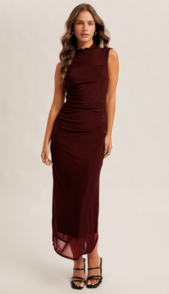 Romantics Mock Neck Ruched Mesh Midi Dress- Black