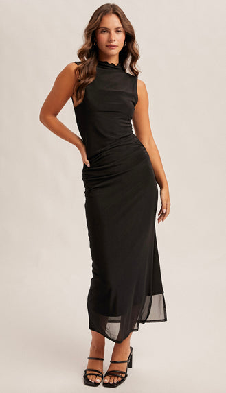 Romantics Mock Neck Ruched Mesh Midi Dress- Black