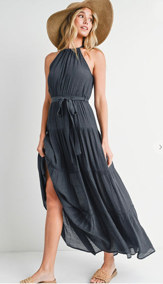 McKayla Tiered Halter Maxi Dress- Ash