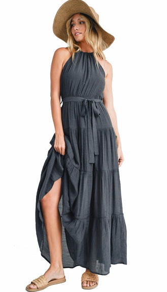 McKayla Tiered Halter Maxi Dress- Ash