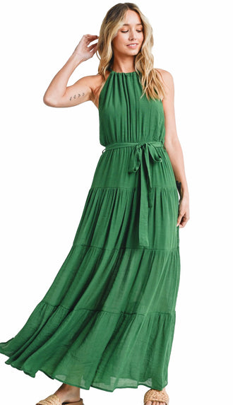 McKayla Tiered Halter Maxi Dress- Forest