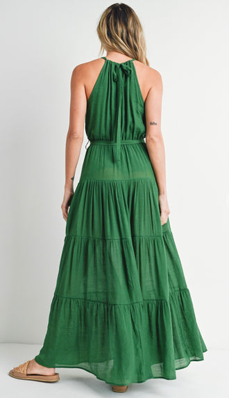 McKayla Tiered Halter Maxi Dress- Forest