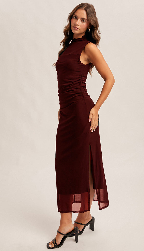 Romantics Mock Neck Ruched Mesh Midi Dress- Black