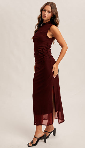 Romantics Mock Neck Ruched Mesh Midi Dress- Wine